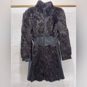 Bebe Fur & Leather Coat Y2k Dark Brown Rabbit Fur Trim Zip Up Fitted Luxury XS/S
